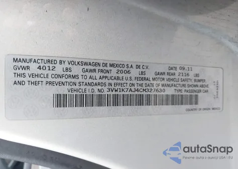 2012 Volkswagen Jetta 2.0L Base/2.0L S from USA, damaged, VIN 3VW1K7AJ4CM327630